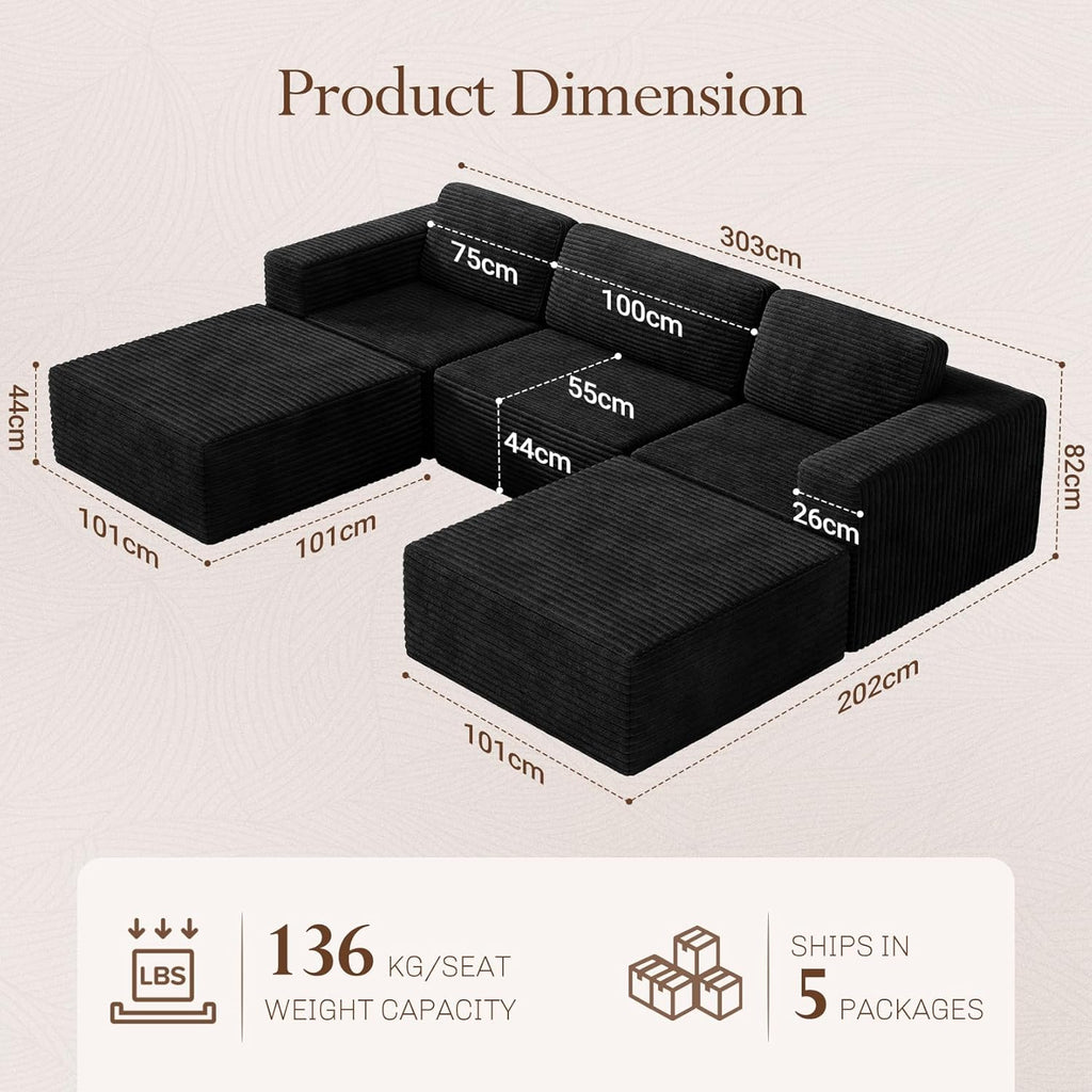 Vesgantti 119" Oversized U-Shaped Modular Sectional Sofa with 2 Movable Ottomans, Modern Cloud Couch with Deep Seat & Spring Support, Boneless Couches for Living Room, No Assembly Required, Black