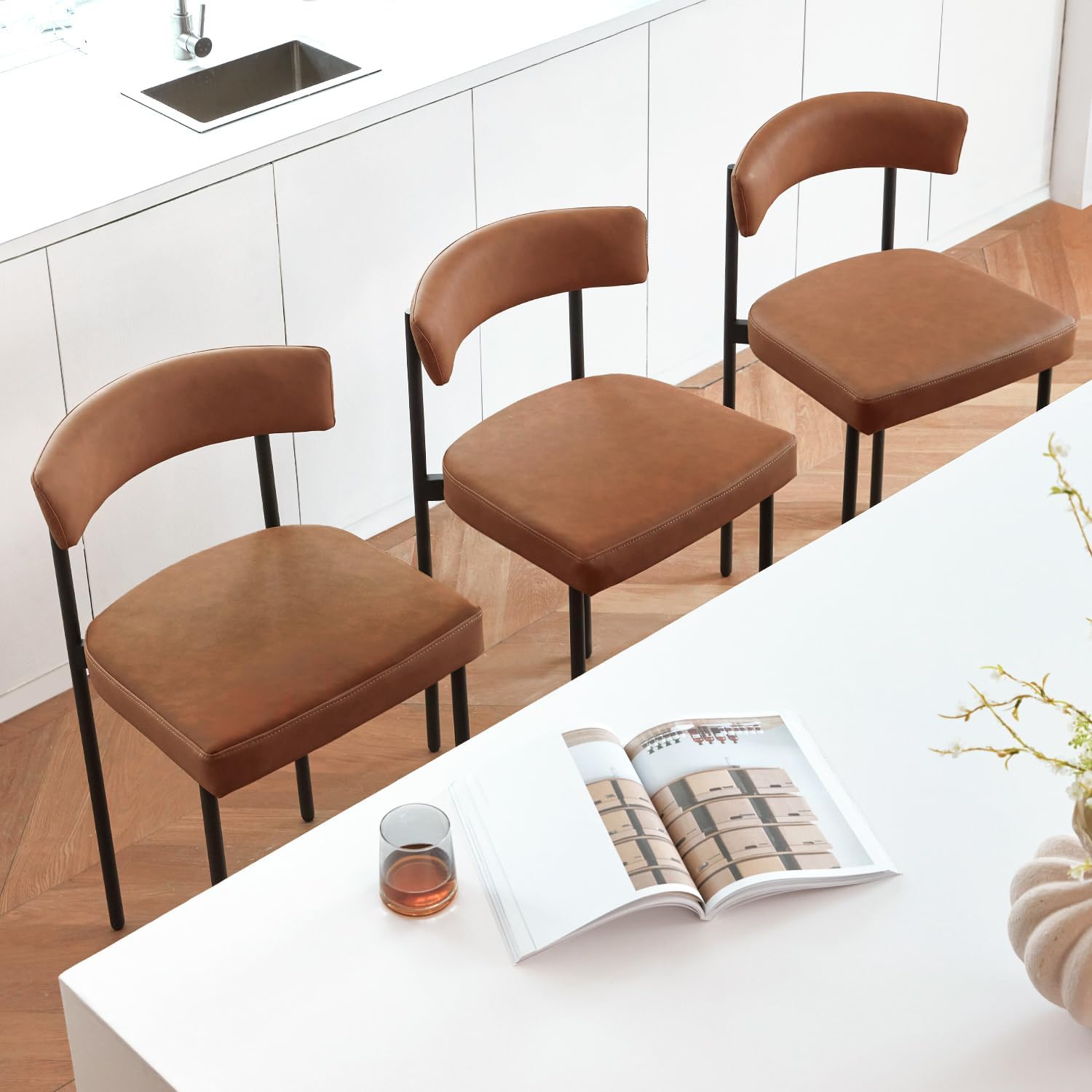 Brown Modern Bar Stools Set of 3, 24 Inch Faux Leather Counter Stools with Curved Backrest, Counter Height Bar Stool for Kitchen Island