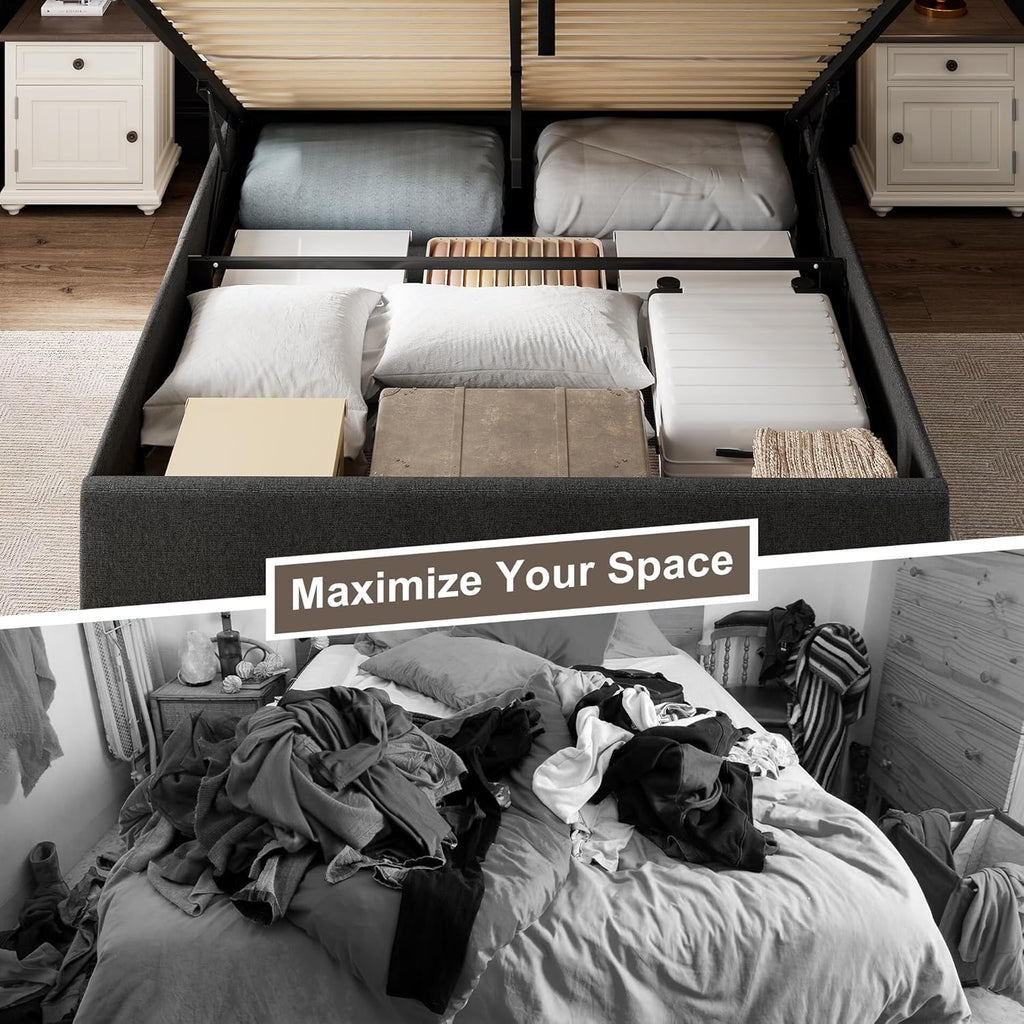 Queen Size Lift Up Storage Bed Frame with Wingback Headboard, Linen Upholstered Platform Bed with 10.8" Underneath Hydraulic Storage, Wooden Slats Support, No Box Spring Needed, Dark Gray