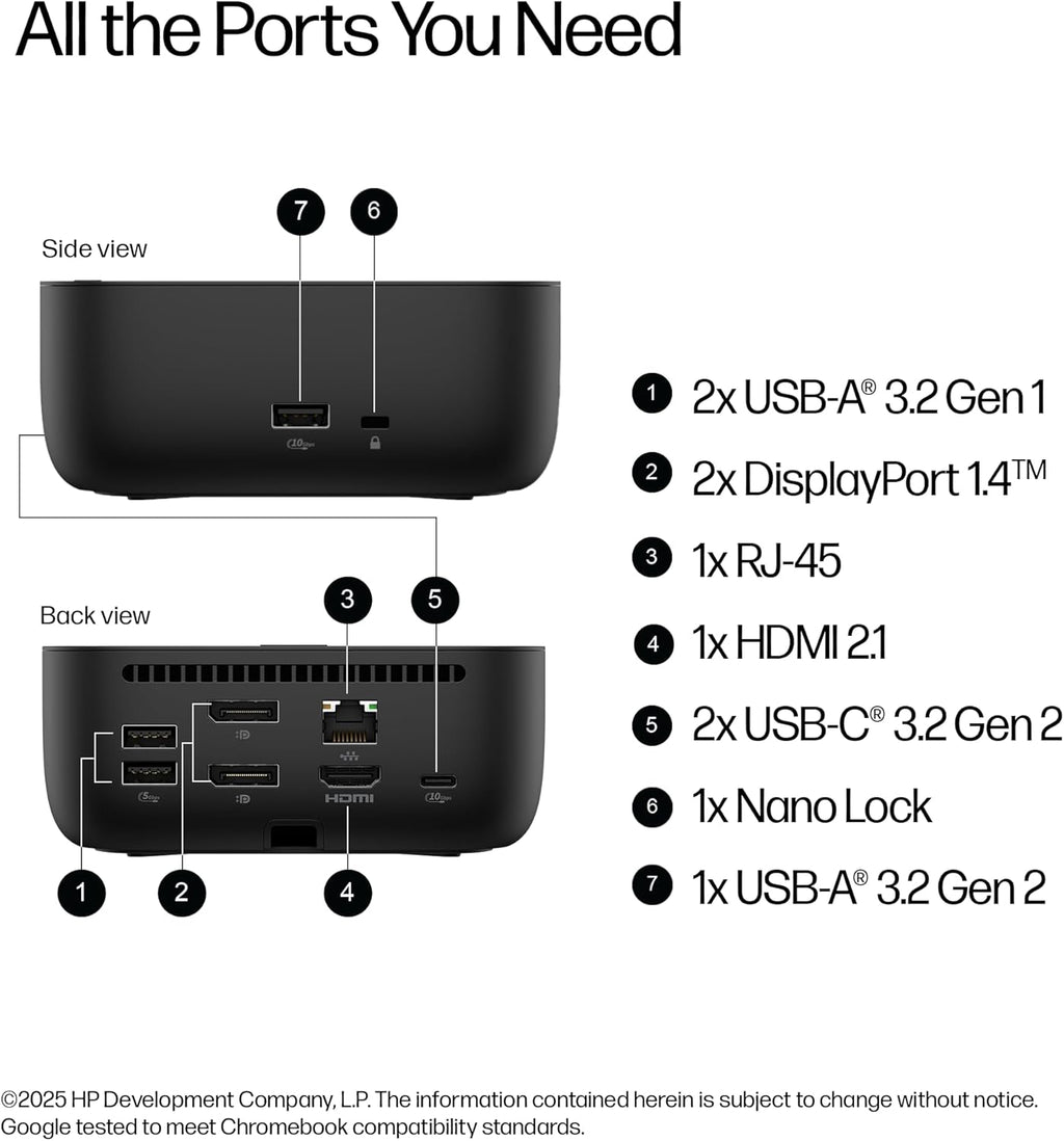 HP USB-C 100W G6 Dock  Future-Proof Design with Ambient LED Lighting and On-Screen Display Notifications  Additional USB-C Ports  Upgraded HDMI 2.1 Port  Upgraded to a 120Hz Refresh Rate