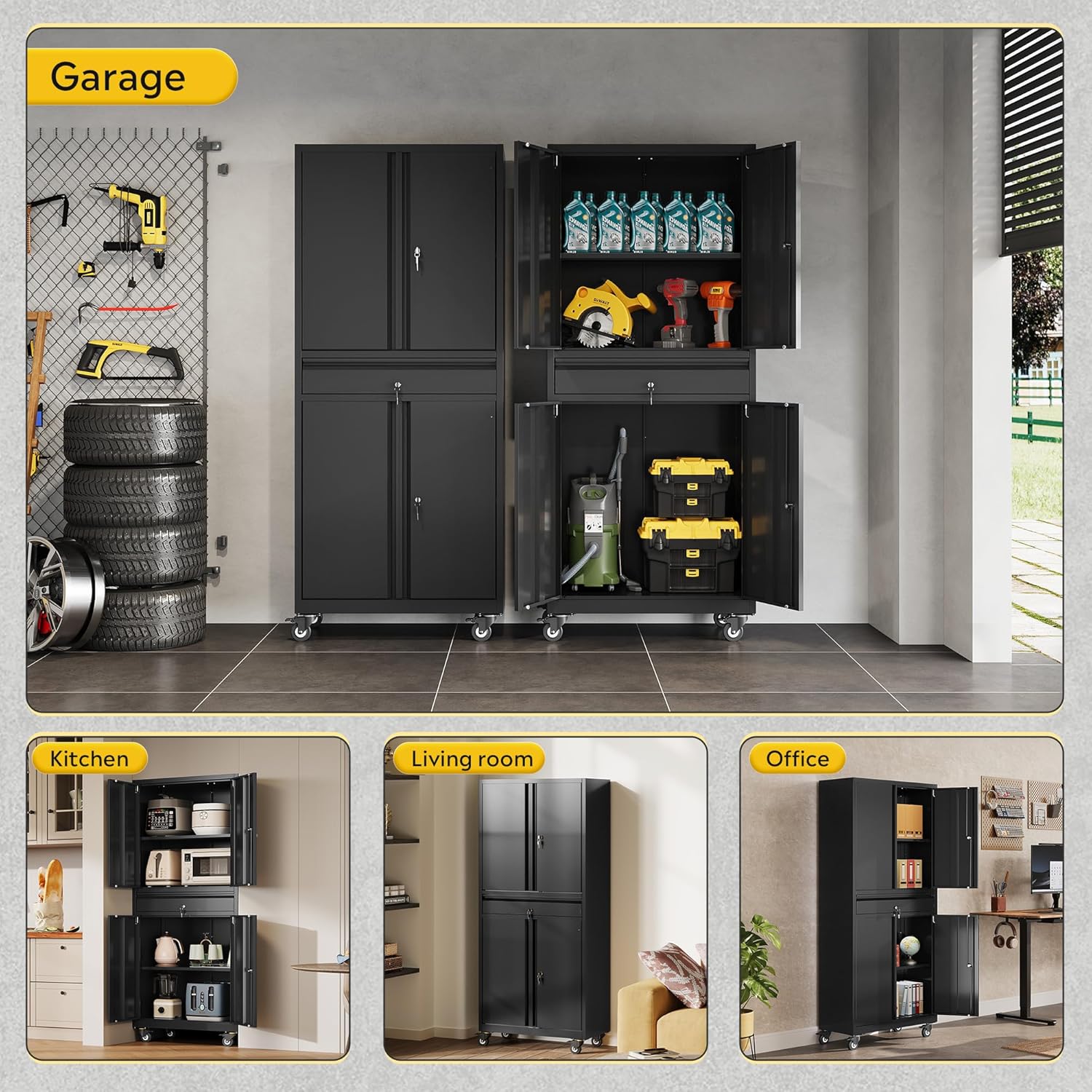 DEVAISE Metal Garage Storage Cabinet with Locking Doors and Drawer,71" Tool Cabinet with Adjustable Shelves & Wheels, 71" Steel Cabinet for Garage, Warehouse (Black)