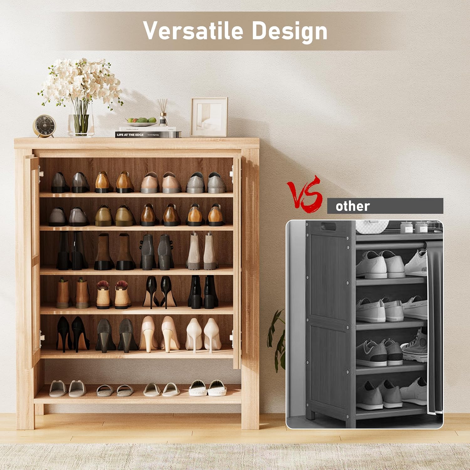 INNOD 43" Tall Shoe Storage Cabinet with Doors, 8-Tier Entryway Shoe Cabinet with Adjustable Shelves, Modern Freestanding Shoes Rack Organizer Cabinet for Entryway Hallway Front Door