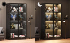 Wooden Display Storage Cabinet with Glass Door, LED Lights,Showcase for Collections, Perfume, Vinyl Albums, Bookcase for Home Office, Living Room, Clinic, Pantry (Black- 4 Layers)