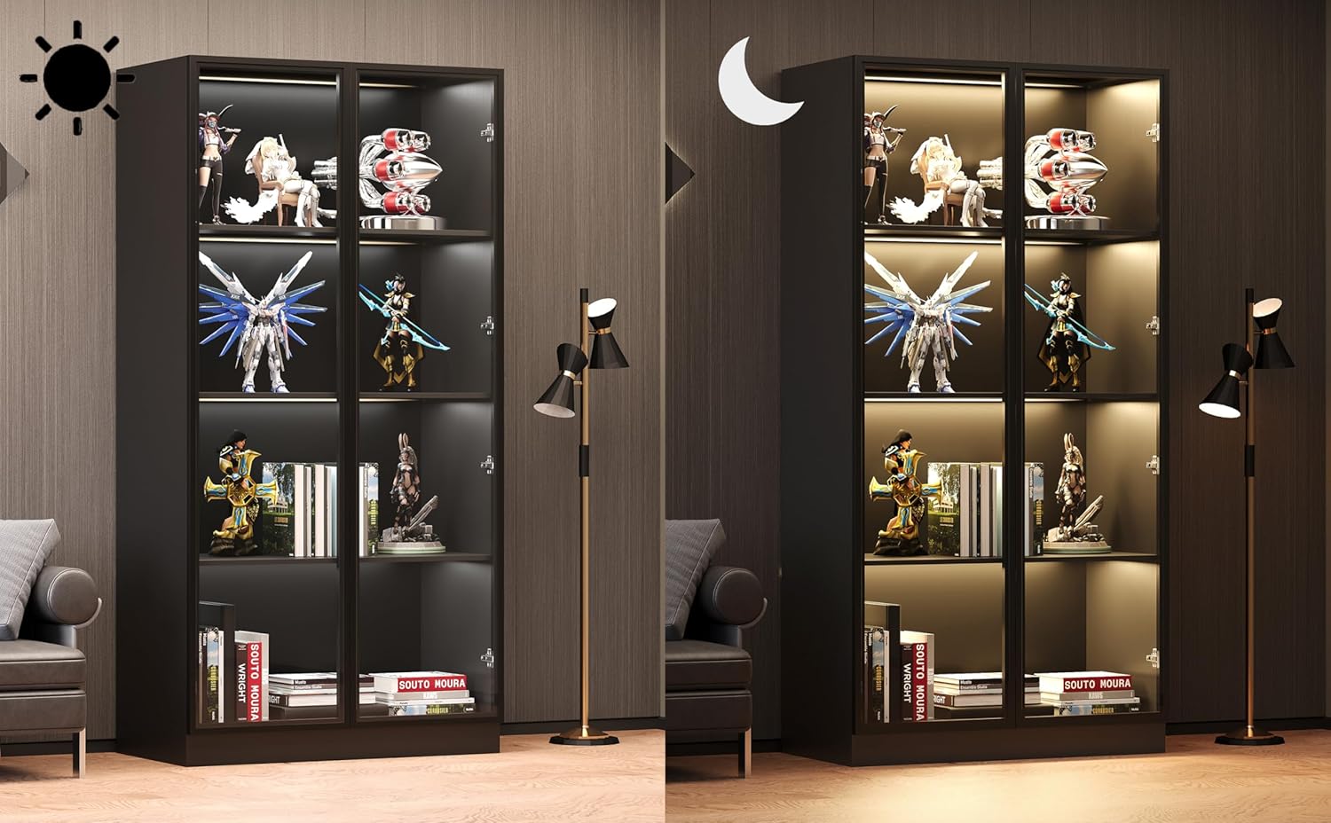 Wooden Display Storage Cabinet with Glass Door, LED Lights,Showcase for Collections, Perfume, Vinyl Albums, Bookcase for Home Office, Living Room, Clinic, Pantry (Black- 4 Layers)
