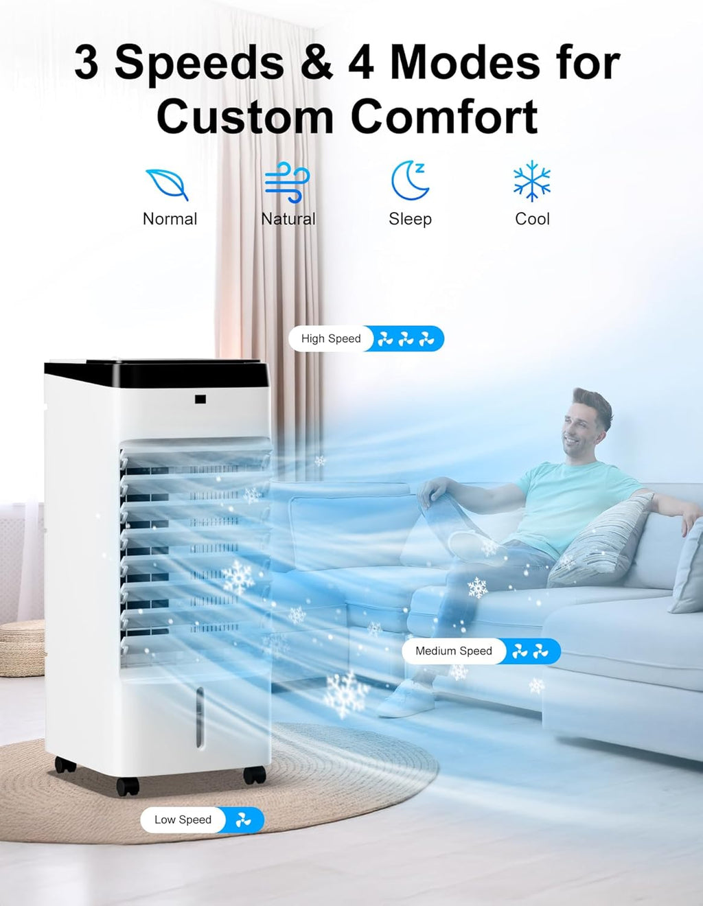 Uthfy Portable Air Conditioners, 3 IN 1 Evaporative Air Cooler with Detachable Water Tank, 6 Ice Packs, 12H Timer, 120° Oscillation, Remote, 3 Speeds, 4 Modes, Swamp Cooler for Bedroom, Office