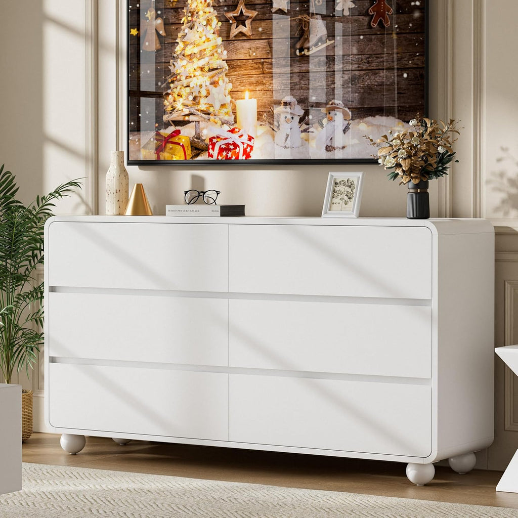 Lulive Wood Dresser for Bedroom, 53” Wide Chest of Drawers with 6 Drawers, Modern Closet Storage Drawer with Curved Profile Design for Living Room, Hallway, Entryway, White