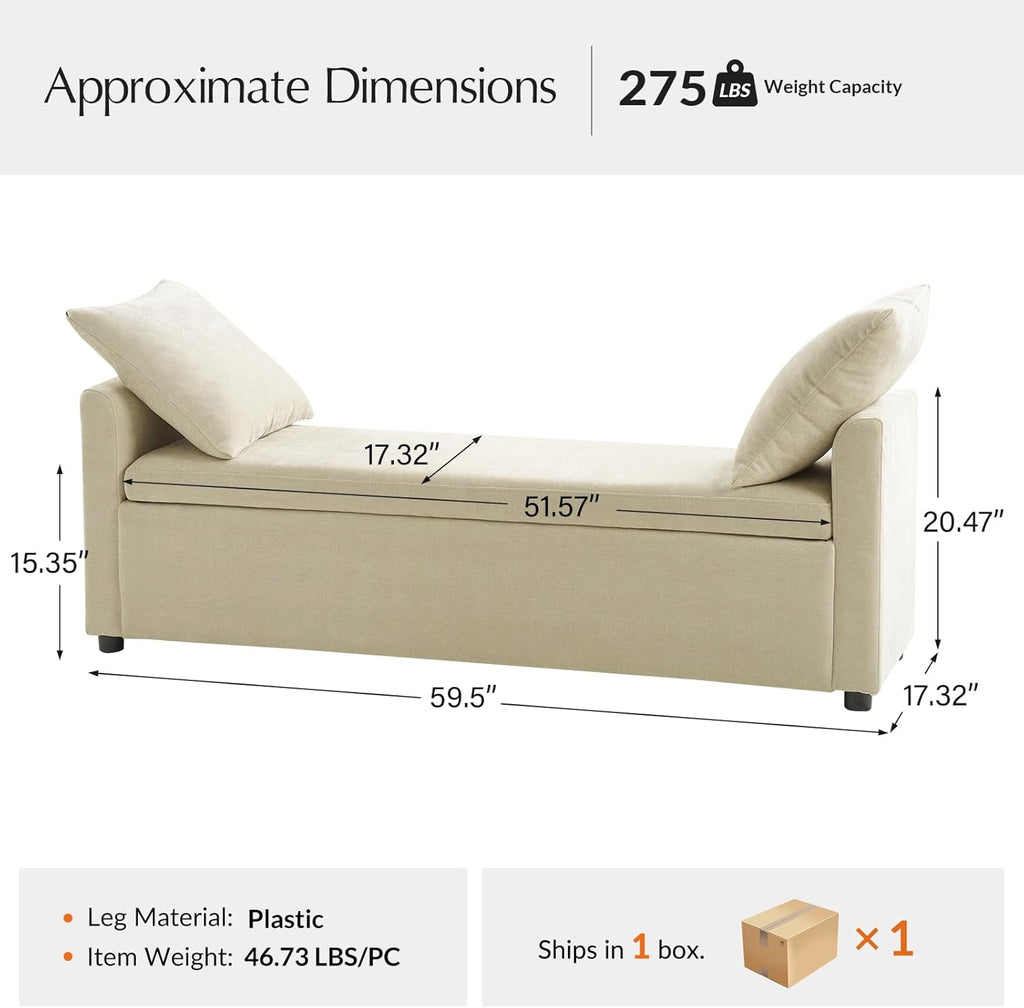 59.5" Modern Storage Ottoman Bedroom Bench, End of Bed Bench with Arms and Throw Pillows, Footrest Stool for Living, Dining Room, Entryway and Hallway, Beige