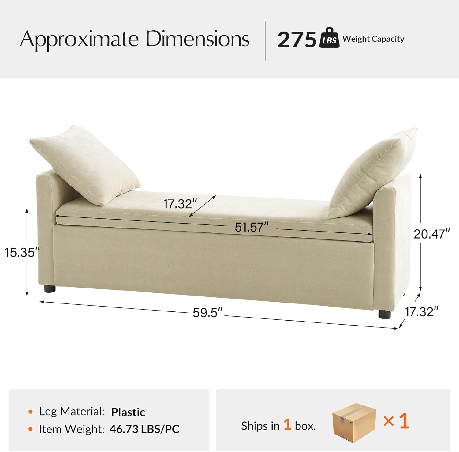 59.5" Modern Storage Ottoman Bedroom Bench, End of Bed Bench with Arms and Throw Pillows, Footrest Stool for Living, Dining Room, Entryway and Hallway, Beige
