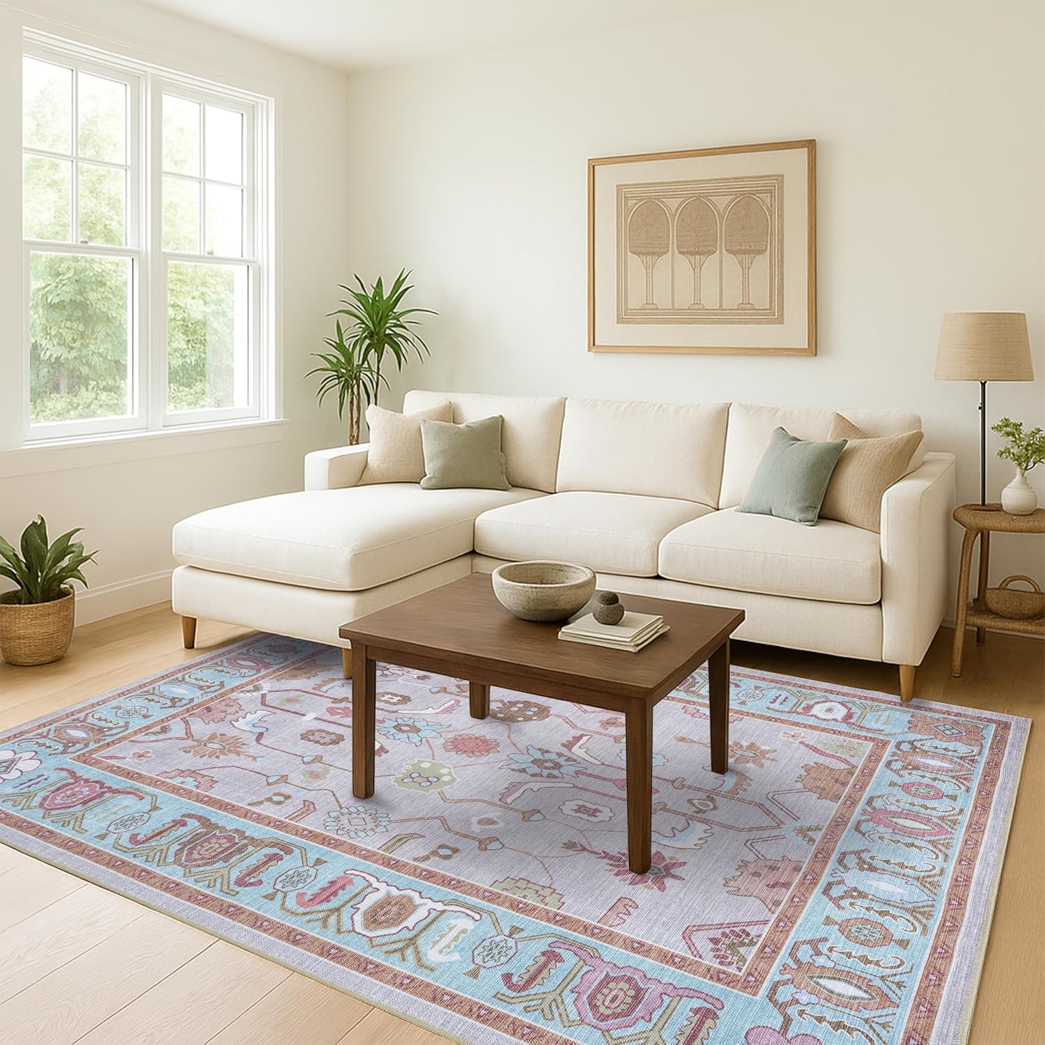 Fame Living Pink Oushak Rug, Modern, Vintage, Turkish, Eclectic, Floral, Pastel, Washable, Area Rugs for Living Room, Dining, Bedroom, Nursery, Girls, Boys, 5'9"x8'9"