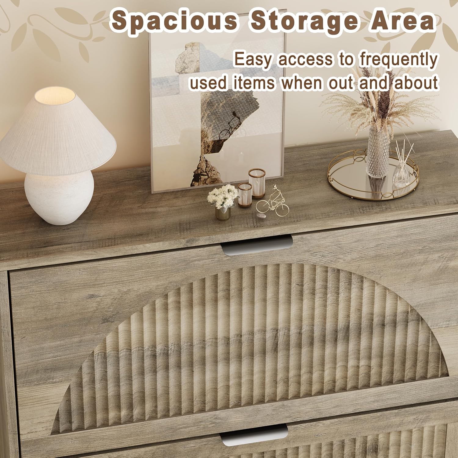 Shoe Storage Cabinet with 2 Flip Drawers, Narrow Wood Shoe Organizer Cabinet with Fluted Panel, Slim Shoe Rack for Entryway, Freestanding Shoe Cabinet for Living Room, Hallway, Grey