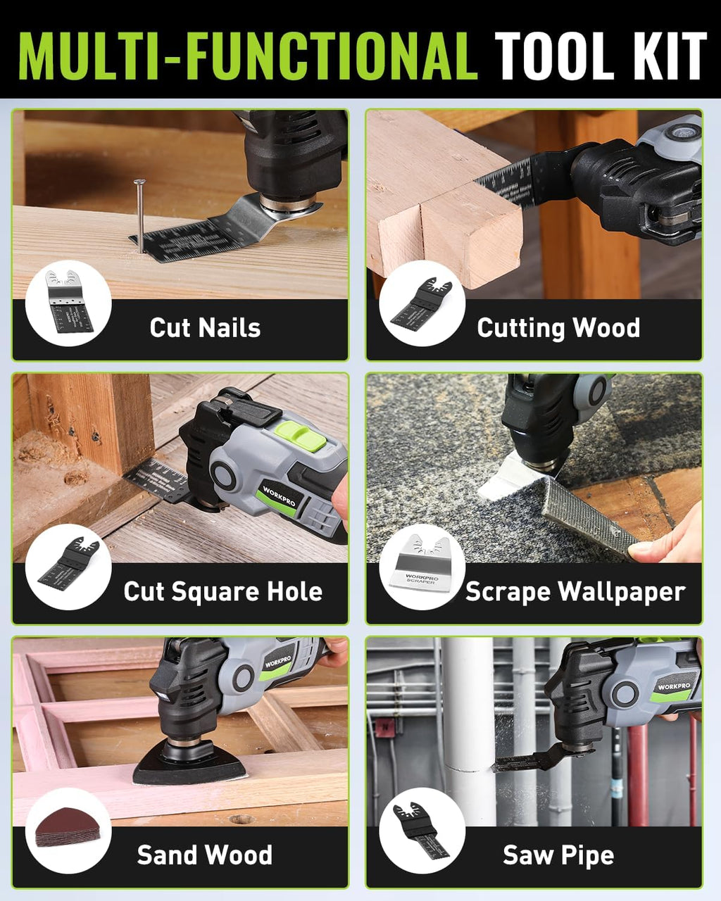 WORKPRO 20V Oscillating Tool Kit, Cordless and Brushless 19,000 RPM Orbiting Multi Tool with 6 Variable Speeds, 3.6°Oscillation Angle, 21pcs Saw Accessories, 1 Rechargeable Battery and Carrying Bag