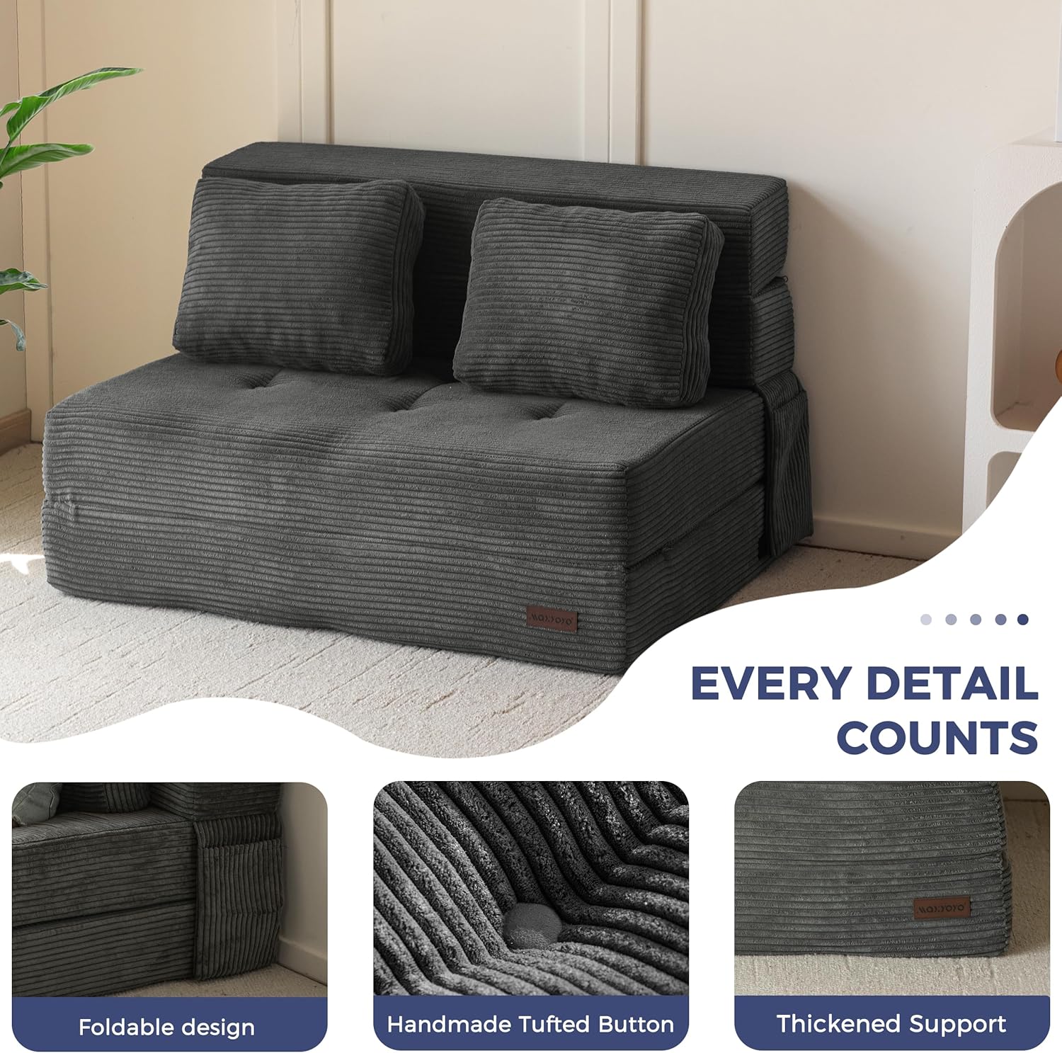 MAXYOYO Convertible Sofa Bed, Fold Out Loveseat Sleeper Sofa with Pillow, 4 in 1 Tufted Folding Couch Bed Foam Floor Couch, Lazy Chair for Living Room Bedroom Guest Room, Dark Grey