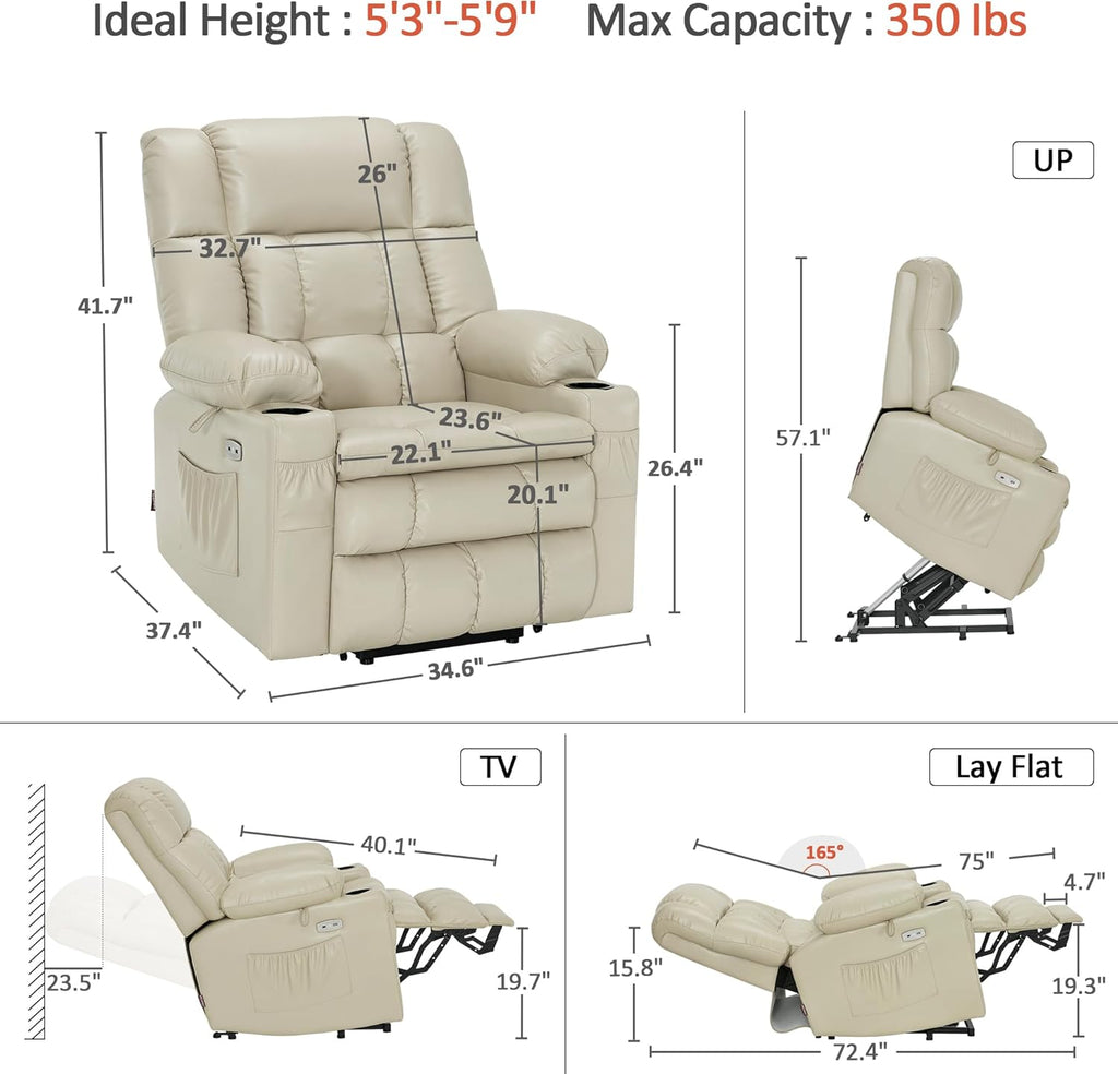 MCombo Dual Motor Power Lift Recliner Chair for Elderly, Lay Flat Lift Chair with Heat and Massage, Cup Holders, USB Ports, Faux Leather 7890 (Cream White, Medium)