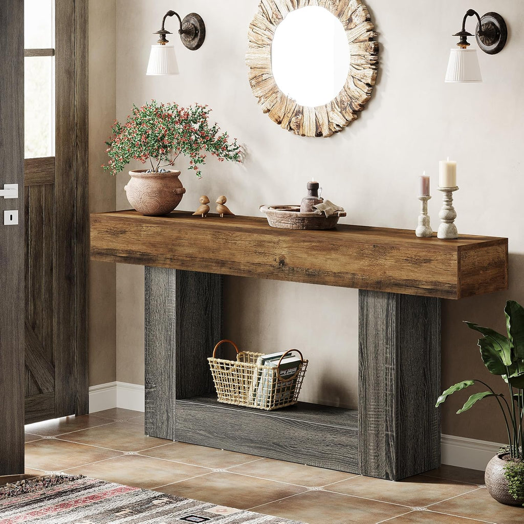 Tribesigns 63" Console Table, Farmhouse 2-Tier Entryway Table with U-Shaped Base, Narrow Long Wood Sofa Table Behind Couch Table for Living Room, Hallway, Foyer, Vintage Brown & Gray | Farmhouse, Entryway Table, Narrow, Long, Sofa Table, Behind Couch