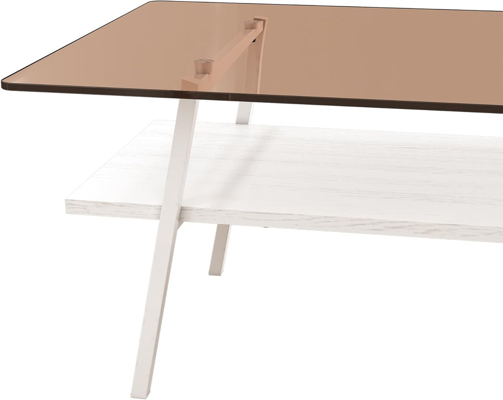 Casaphoria Rectangle Coffee Table, Modern Brown Tempered Glass Top Center Table with White Storage Shelf & Metal Legs, 2-Tier Living Room Furniture, 39 Inch, Easy Assembly