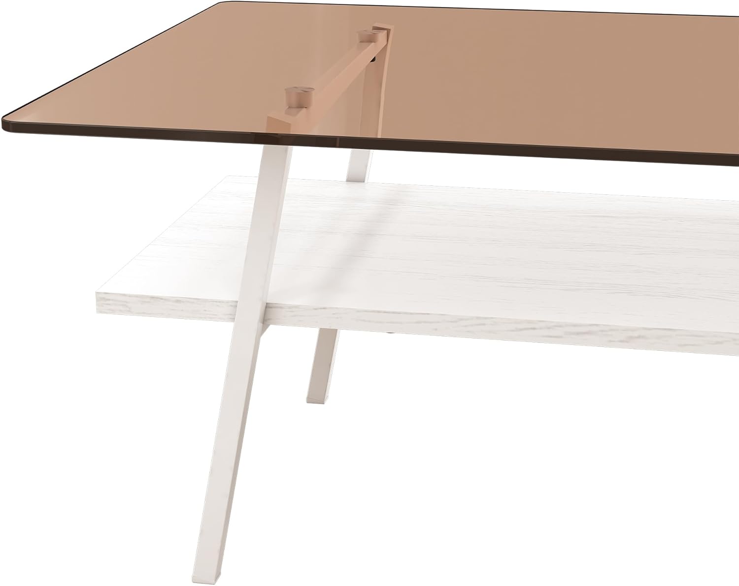 Casaphoria Rectangle Coffee Table, Modern Brown Tempered Glass Top Center Table with White Storage Shelf & Metal Legs, 2-Tier Living Room Furniture, 39 Inch, Easy Assembly