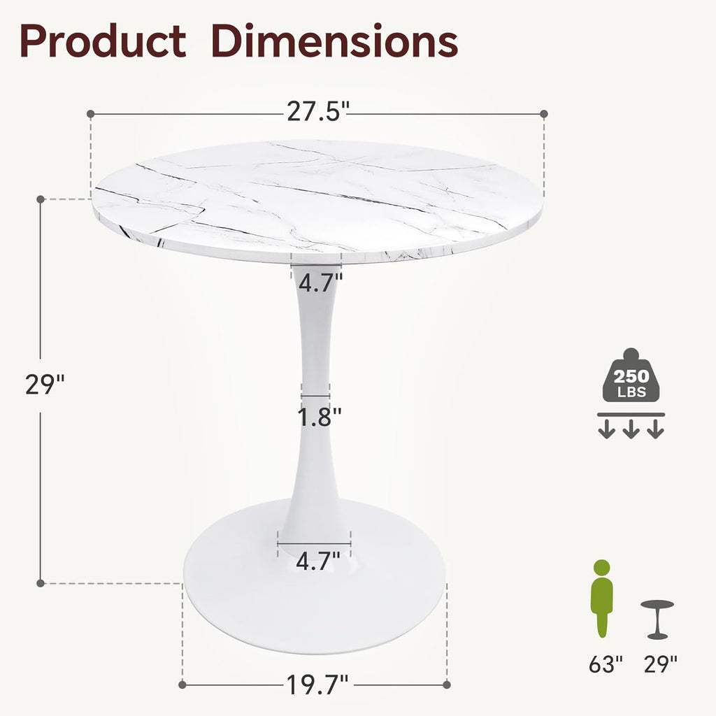 Round Dining Table 27.5" Faux Marble White Tulip Table with Pedestal Base for 2-4 People Small Space - Kitchen Living Room Cafe