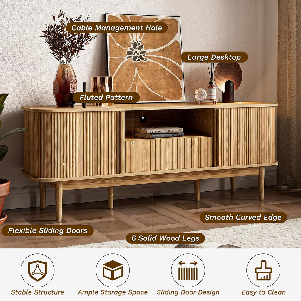 63" Tambour TV Stand, Fluted TV Stand for TVs up to 70'', Modern Entertainment Center with Storage, Wood Media Console with Sliding Doors for Living Room, Natural