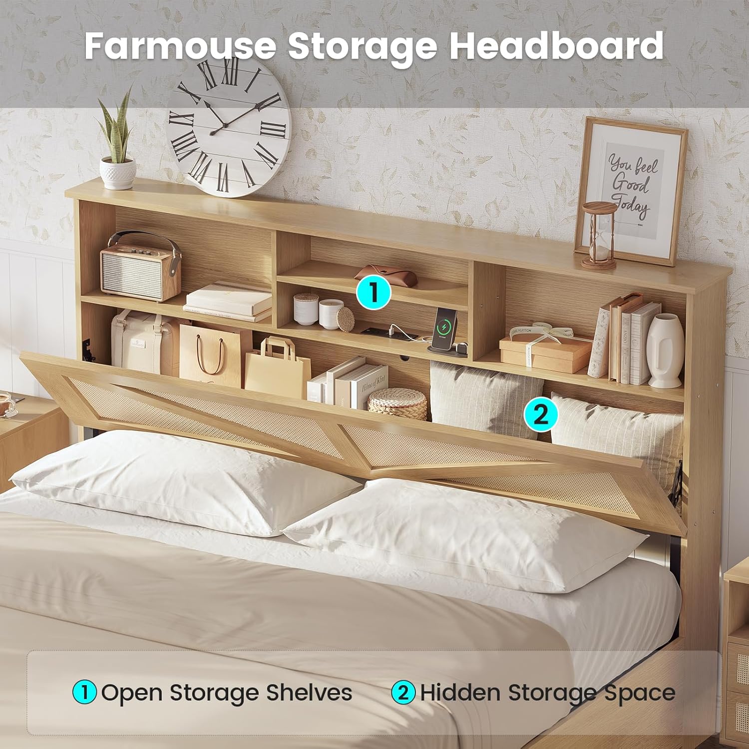 AOGLLATI Queen Bed Frame with 4 Storage Drawers and Natural Rattan 2-Tier Bookcase Hidden Headboard, Boho Led Bed Frame Queen Size with Charging Station, No Box Spring Needed, Wood