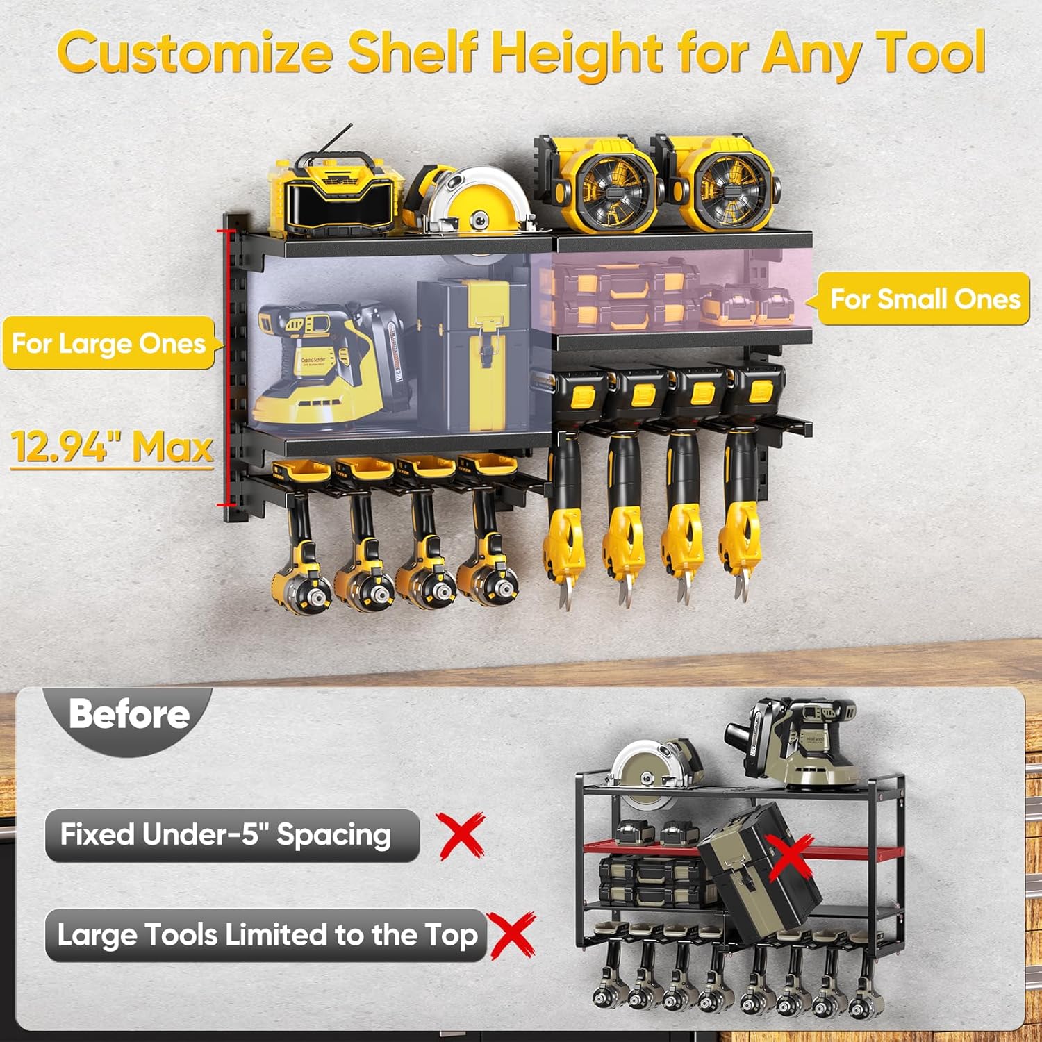 POKIPO Large Modular Power Tool Organizer Wall Mount With 6 Adjustable Shelf, Heavy Duty Iron Tool Storage Rack Loads 300lbs with 8 Cordless Tools Drill Holder,Battery Utility Rack for Garage Workshop