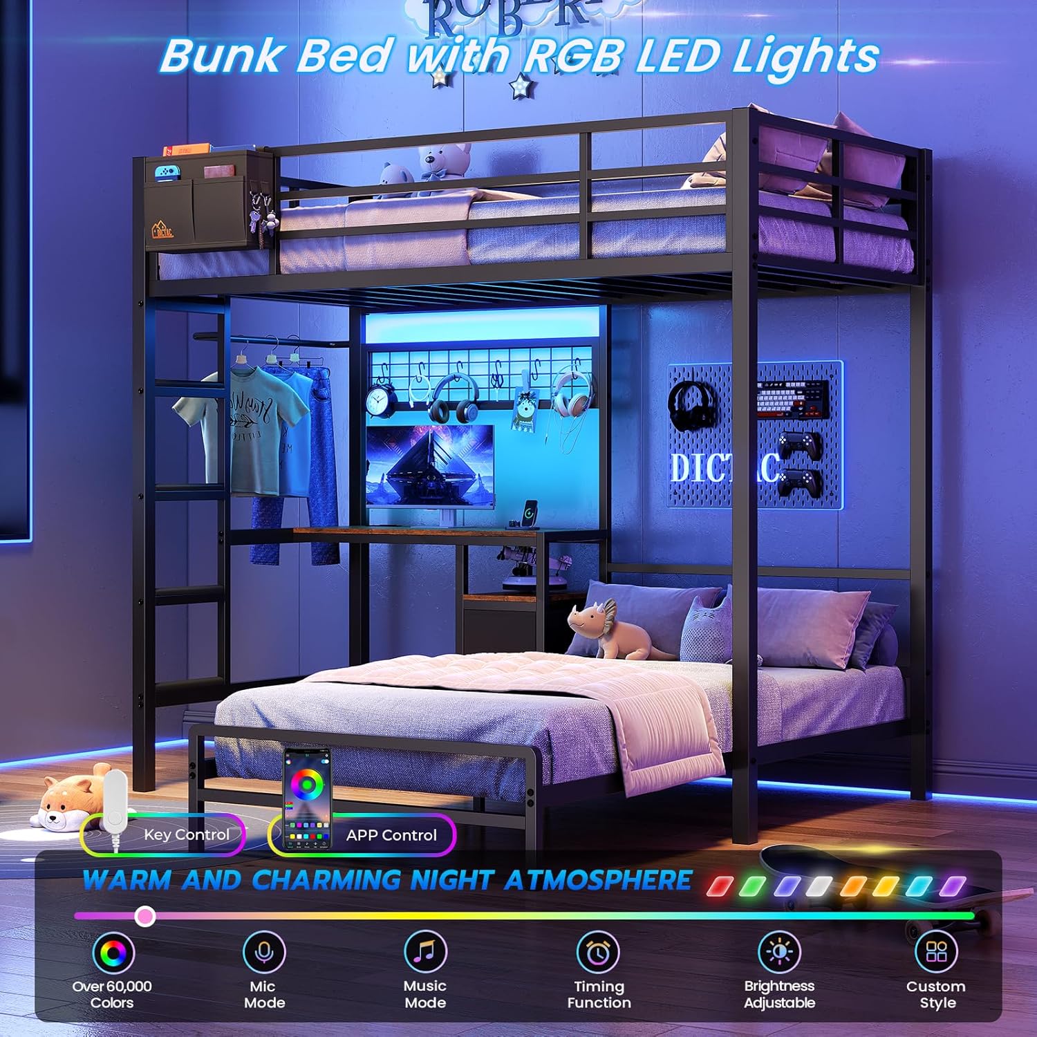 DICTAC Bunk Bed with Desk,Led Lights and Charging Station Twin Over Twin Bunk Beds with Storage Drawers and Shelves,Metal L-Shaped Kids bunk Bed with Safety Guardrail&Ladder,No Box Spring Needed,Black