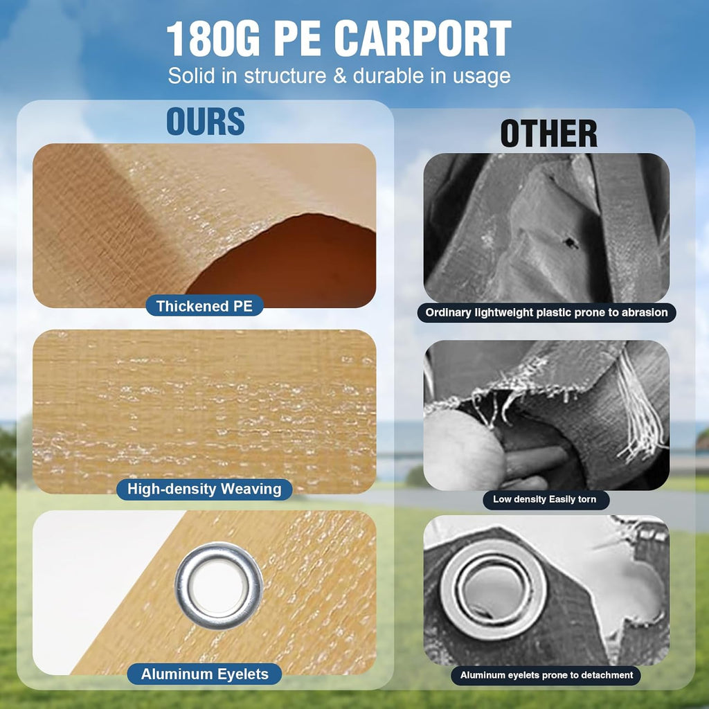 Carport Canopy Sidewalls for 10'x20'x9.35' Carport with Ball Bungee Cords, Replacement Covers Canopy Walls for Car Tent Garage(Sidewalls Only) (Khaki)