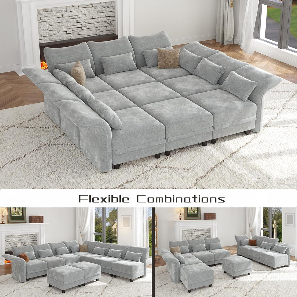 LLappuil 154" Oversized Modular Sectional Sofa with Storage 9 Seat U Shaped Sectional Couches for Living Room with Adjustable Arms Backs, Convertible to L Shape/U Shape/Sleeper Sofa, Grey Chenille