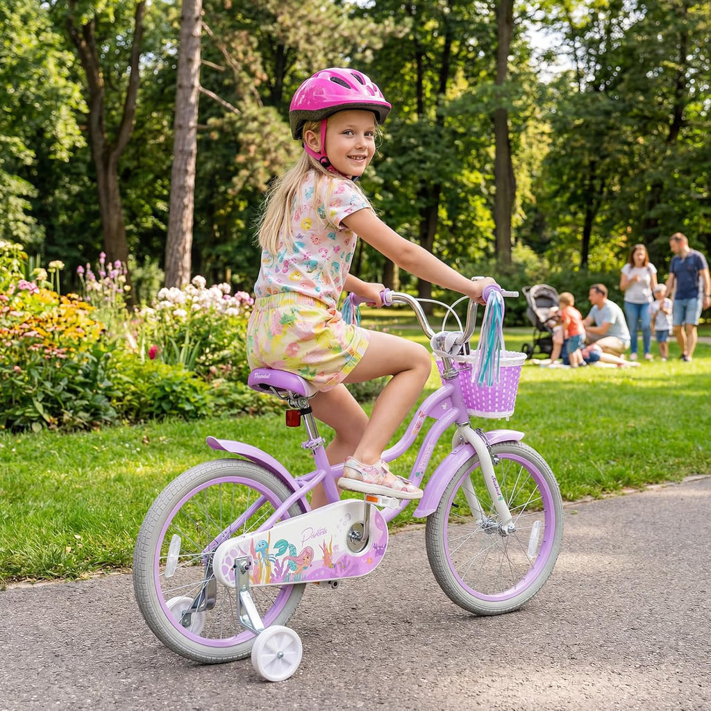 BABY JOY Kids Bike, 12" 14" 16" 18" Mermaid Girls Bike for 3-8 Years Old w/Basket, Training Wheels, Hand & Coaster Brakes, Adjustable Seat & Handlebar, 20" Children Bicycle with Kickstand for 8+