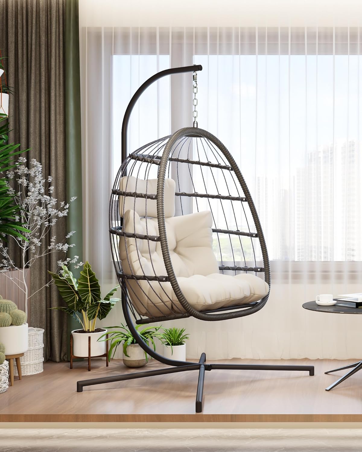 HWB Hanging Egg Chair with Stand, Swing Hammock Chair with Cushion for Indoor Outdoor, Patio Wicker Egg Swing Chair for Balcony Furniture, White