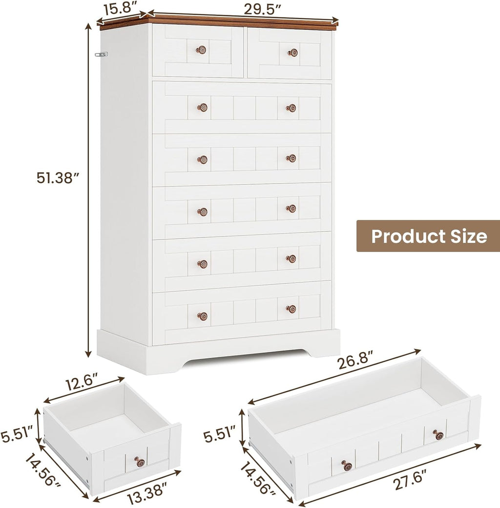 Hasuit White Dresser for Bedroom, Farmhouse 7 Drawers Dresser, 51.4"Tall Dressers Chest of Drawers with Hand Carved Panel, Large Wood Closet Storage Organizers Dressers for Bedroom Living Room Hallway