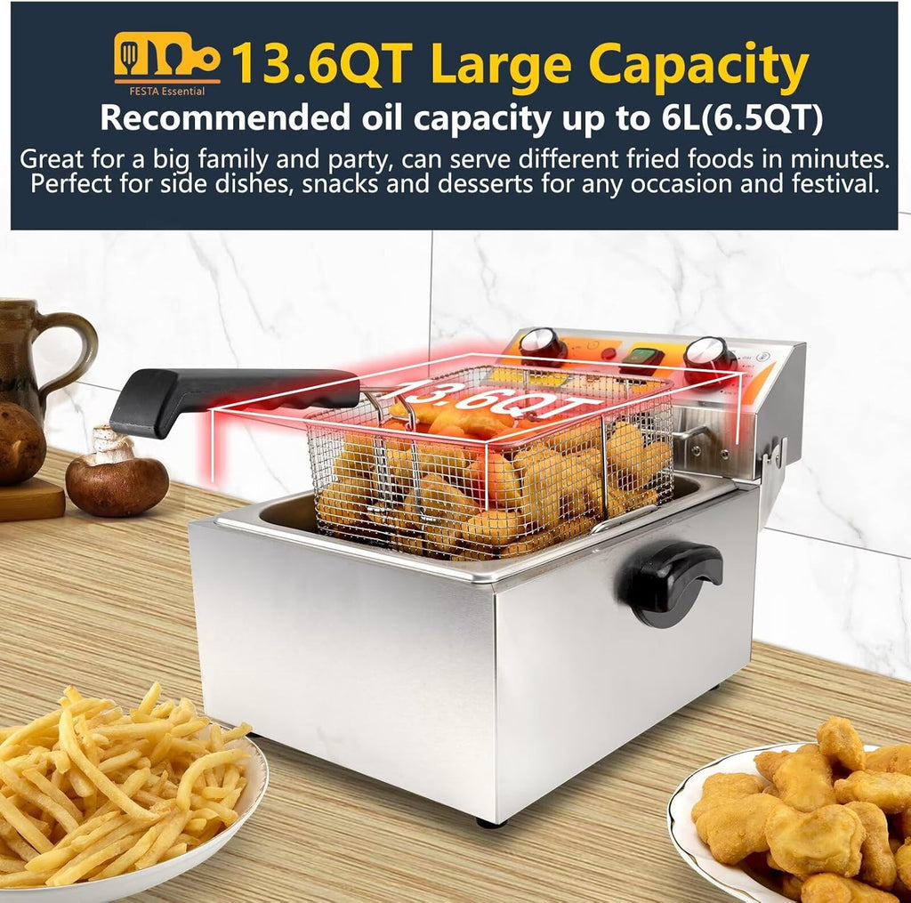 Festa Essential 13.6QT Electric Deep Fryer with 6L(6.5QT)Frying Basket&Lid,1750W Stainless Steel Commercial Countertop Single Tank Oil Fryers with Temperature Control&Timer for Home Kitchen Restaurant