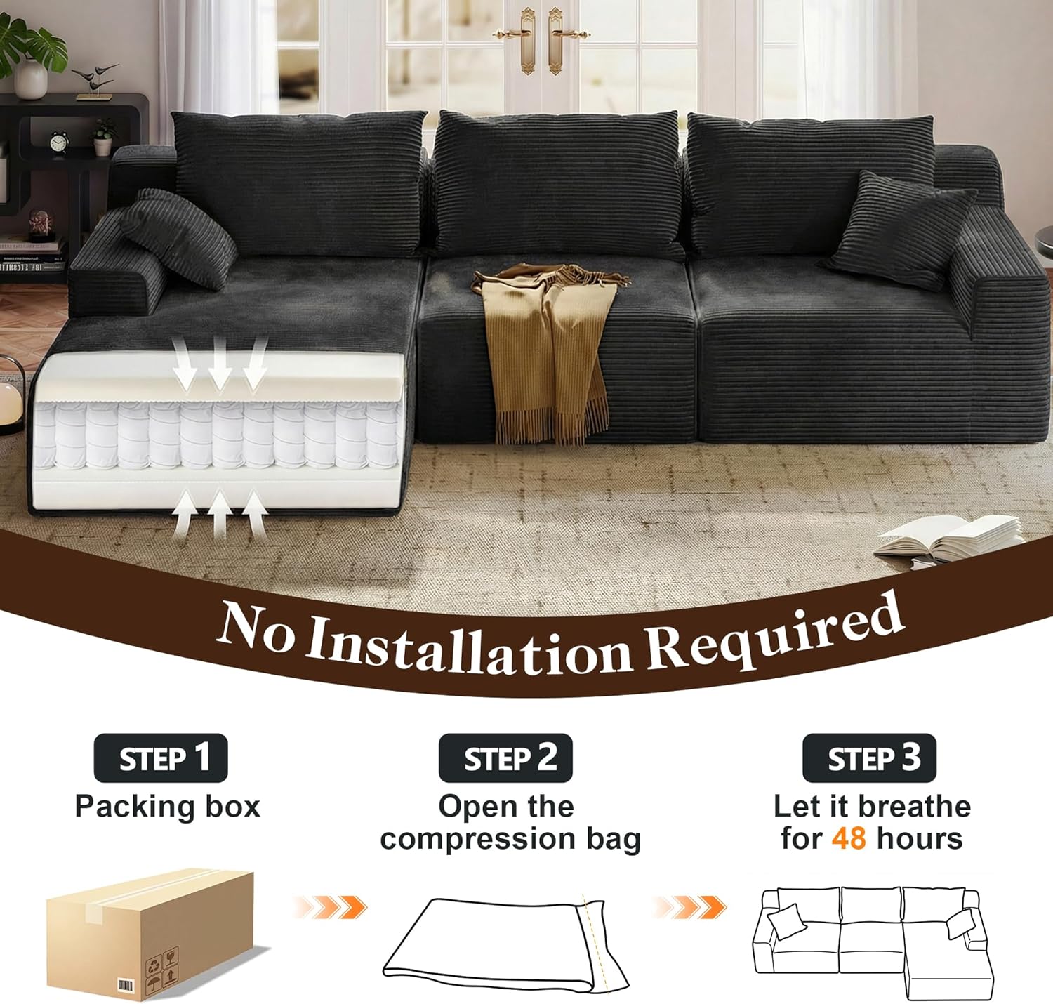 97" L-Shaped Cloud Boneless Couch with Deep Seat, Modular Sectional Sofa with Chaise, Flexible Module Combination for Living Room, Bedroom, No Assembly (Black, Left Facing Chaise)
