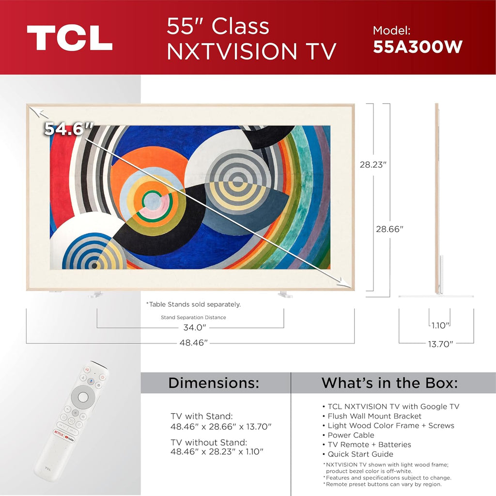 TCL 55 Inch Class NXTVISION Series Picture Frame Canvas Art TV | 55A300W  2024 Model | QLED 4K HDR Smart Google TV | 120HZ Dolby Atmos Audio | Voice Remote Alexa Google Apple Streaming Television