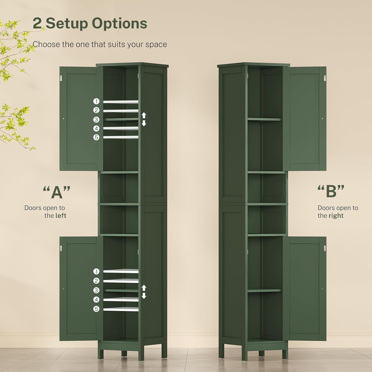 TEENFON 67" Tall Bathroom Cabinet with Adjustable Shelves and Doors, Narrow Bathroom Storage Cabinet for Small Space, Living Room, Entryway, Kitchen, Green
