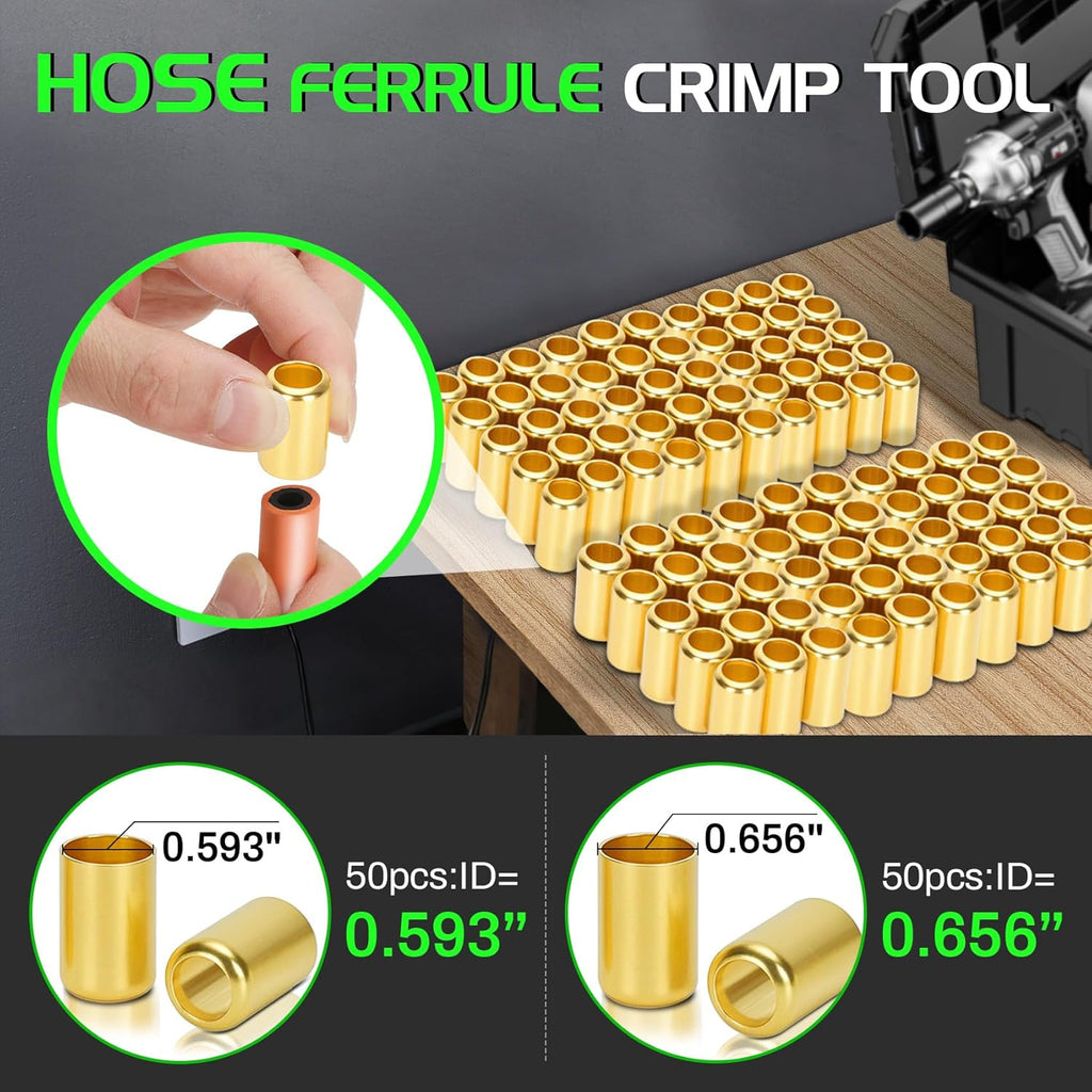 Heavy Duty Standard Hose Crimper, Hose Crimping Tool, with Ferrules (50PK) 0.593 Inch ID x 1 Inch & 0.656 Inch ID x 1 Inch for 1/4, 5/16, 3/8 Inch PVC and rubber hoses, Air Hose Crimping Tool