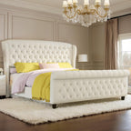 King Size Platform Bed Frame, Chenille Upholstered Sleigh Bed with Curved Headboard & Footboard, Deep Button Tufted, Wood Slats Support, No Box Spring Needed, Cream