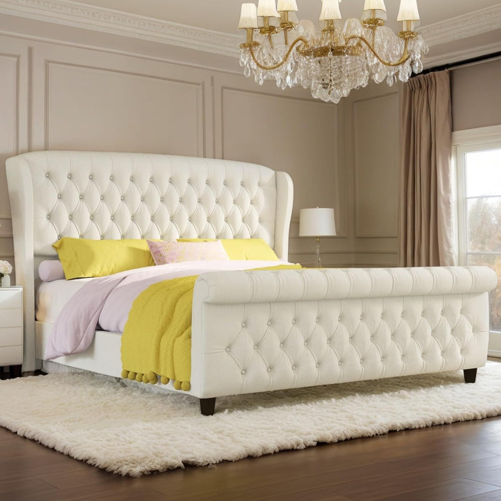 Queen Size Platform Bed Frame, Chenille Upholstered Sleigh Bed with Curved Headboard & Footboard, Deep Button Tufted, Wood Slats Support, No Box Spring Needed, Cream