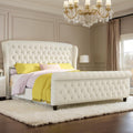 Queen Size Platform Bed Frame, Chenille Upholstered Sleigh Bed with Curved Headboard & Footboard, Deep Button Tufted, Wood Slats Support, No Box Spring Needed, Cream