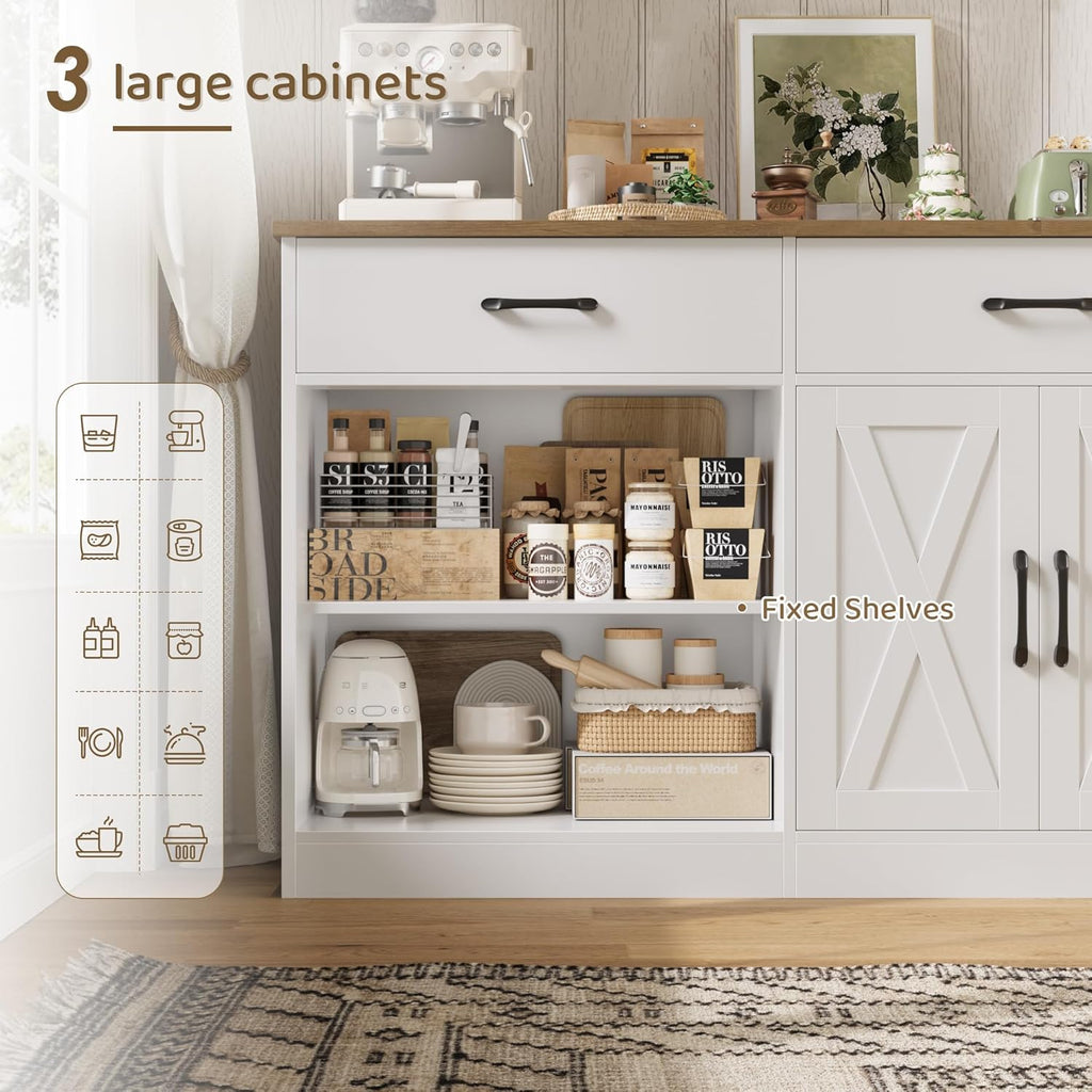 HOSTACK 71" Large Sideboard Buffet Cabinet with Storage, Farmhouse Coffee Bar Cabinet with 3 Drawers, Long Kitchen Buffet Table, Kitchen Sideboard Storage Cabinet for Dining Room, Living Room, White