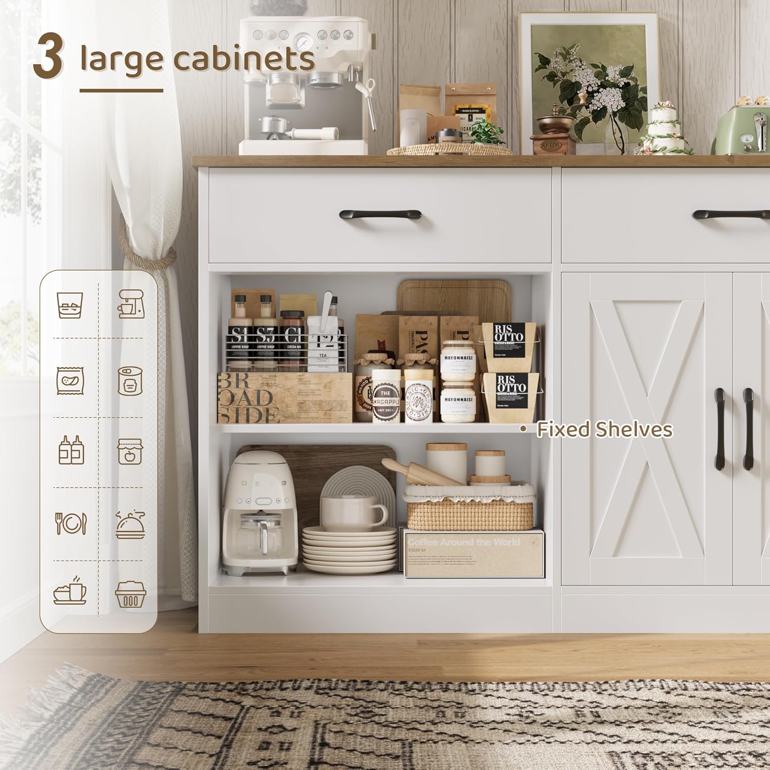HOSTACK 71" Large Sideboard Buffet Cabinet with Storage, Farmhouse Coffee Bar Cabinet with 3 Drawers, Long Kitchen Buffet Table, Kitchen Sideboard Storage Cabinet for Dining Room, Living Room, White