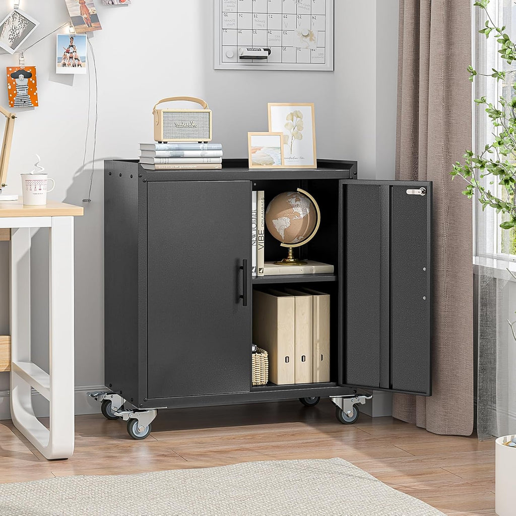 Metal Garage Storage Cabinet with Wheels, Tall Locking Cabinet with Doors and Shelves, Tool Storage Cabinets for Garage, Home Office (Black,35.6" H)
