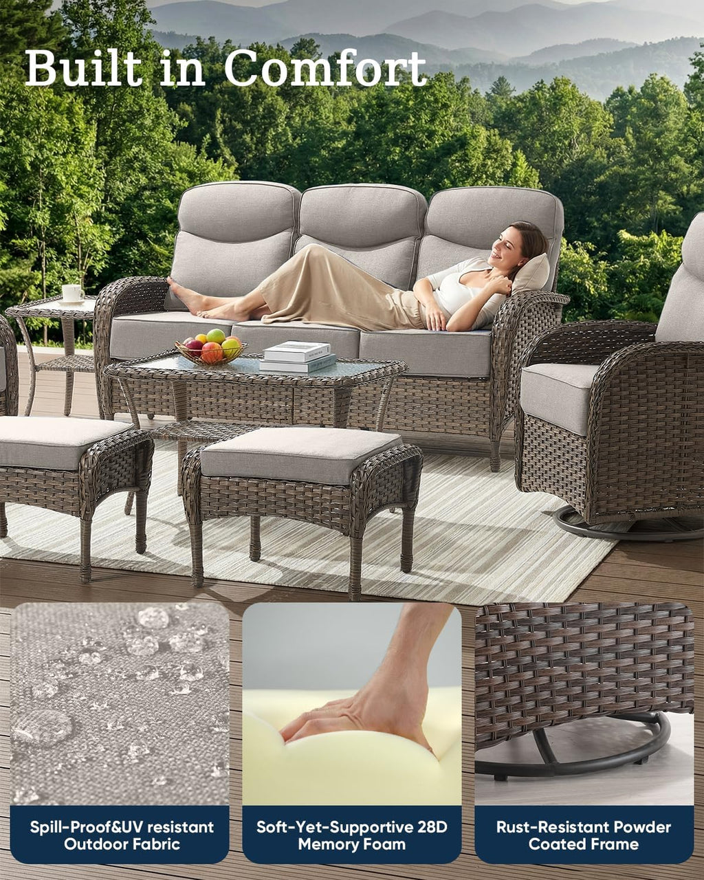 Luxury Outdoor Swivel Rocker Patio Chairs of 2 with Side End Table - 3 Piece Set with 6-Inch Smile Cushions High Back Brown Wicker Rattan Gliders Furniture for Porch Balcony Deck - Beige