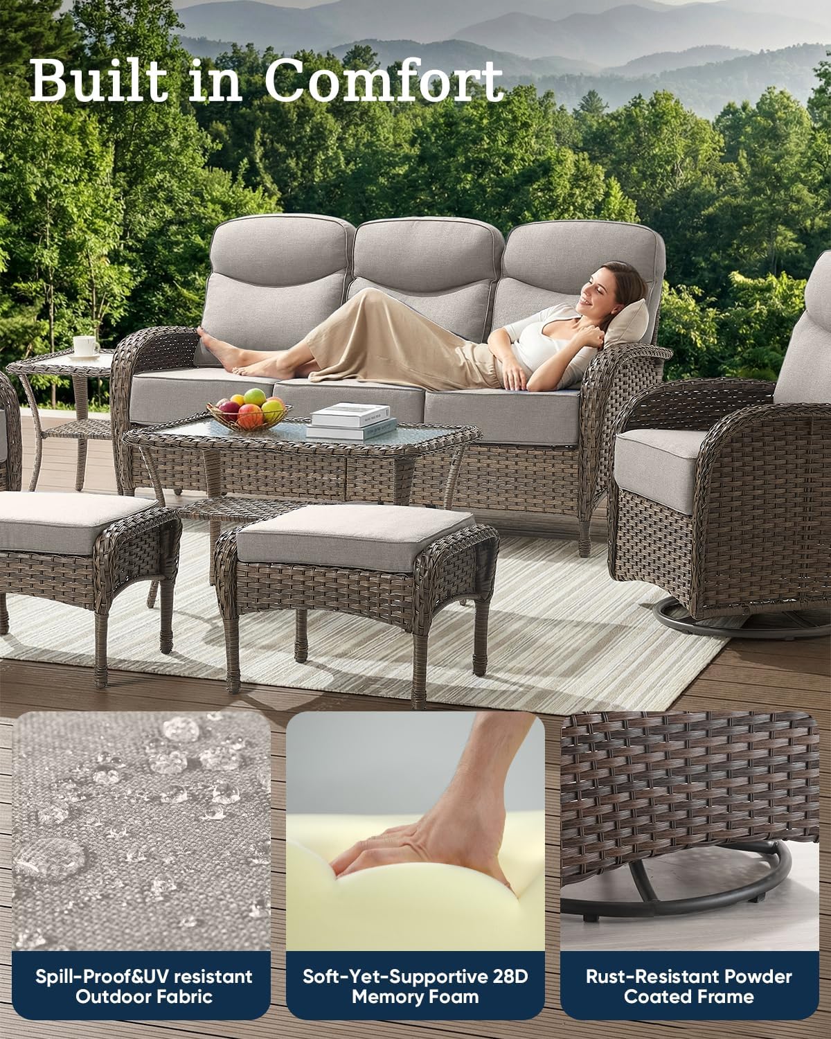 Luxury Outdoor Swivel Rocker Patio Chairs of 2 with Side End Table - 3 Piece Set with 6-Inch Smile Cushions High Back Brown Wicker Rattan Gliders Furniture for Porch Balcony Deck - Beige