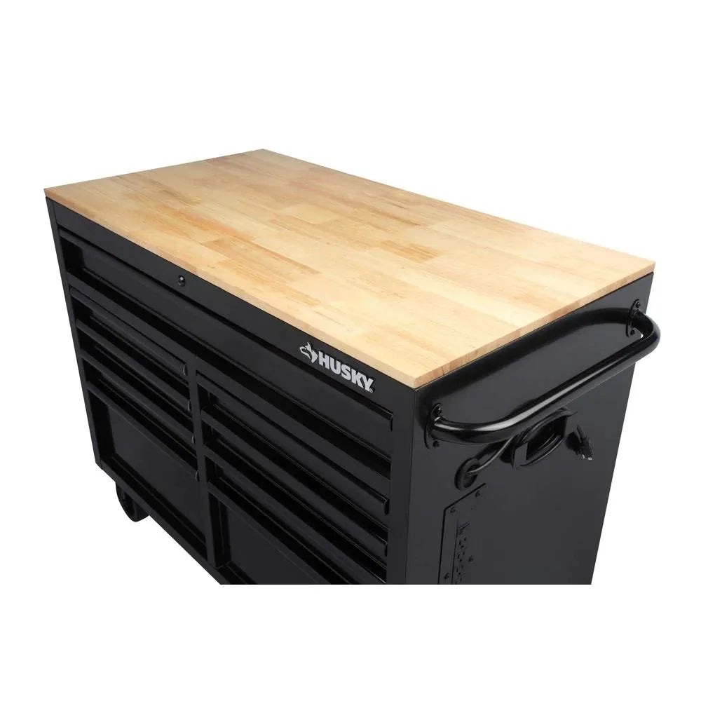 46-in W x 24.5-in D 9-Drawer Mobile Workbench with Hardwood Top and Power Station  Gloss Black