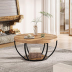 Tribesigns 31.7" Round Industrial Coffee Table with 2-Tier Storage Shelves, Modern Wood & Black Metal Accent Center Table for Living Room, Home Office – Easy Assembly