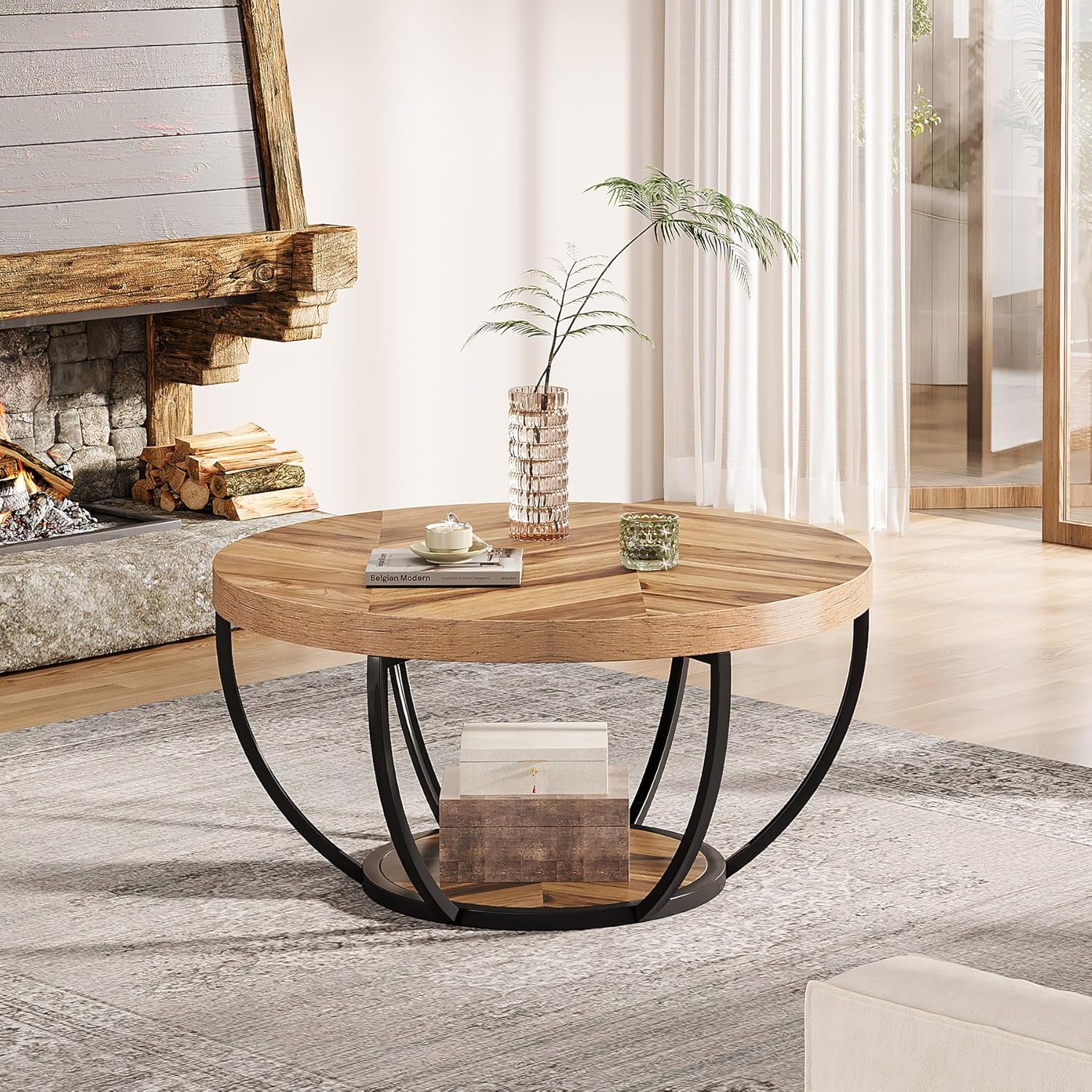 Tribesigns 31.7" Round Industrial Coffee Table with 2-Tier Storage Shelves, Modern Wood & Black Metal Accent Center Table for Living Room, Home Office – Easy Assembly
