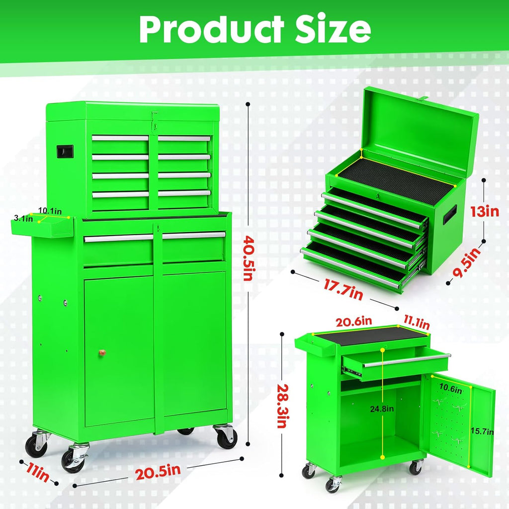 Dawmilon 5-Drawer Rolling Tool Chest, 2-in-1 Tool Box Organizer with Lockable Wheels, Sliding Drawers, and Detachable Top, Garage Workshop Tool Storage Cabinet, Green
