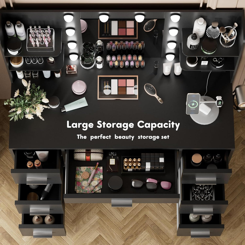 YESHOMY Vanity Desk with Mirror, Power Outlet and 10 Lights, Makeup Table with 7 Drawers, 3 Color Modes Available for Bedroom, Black