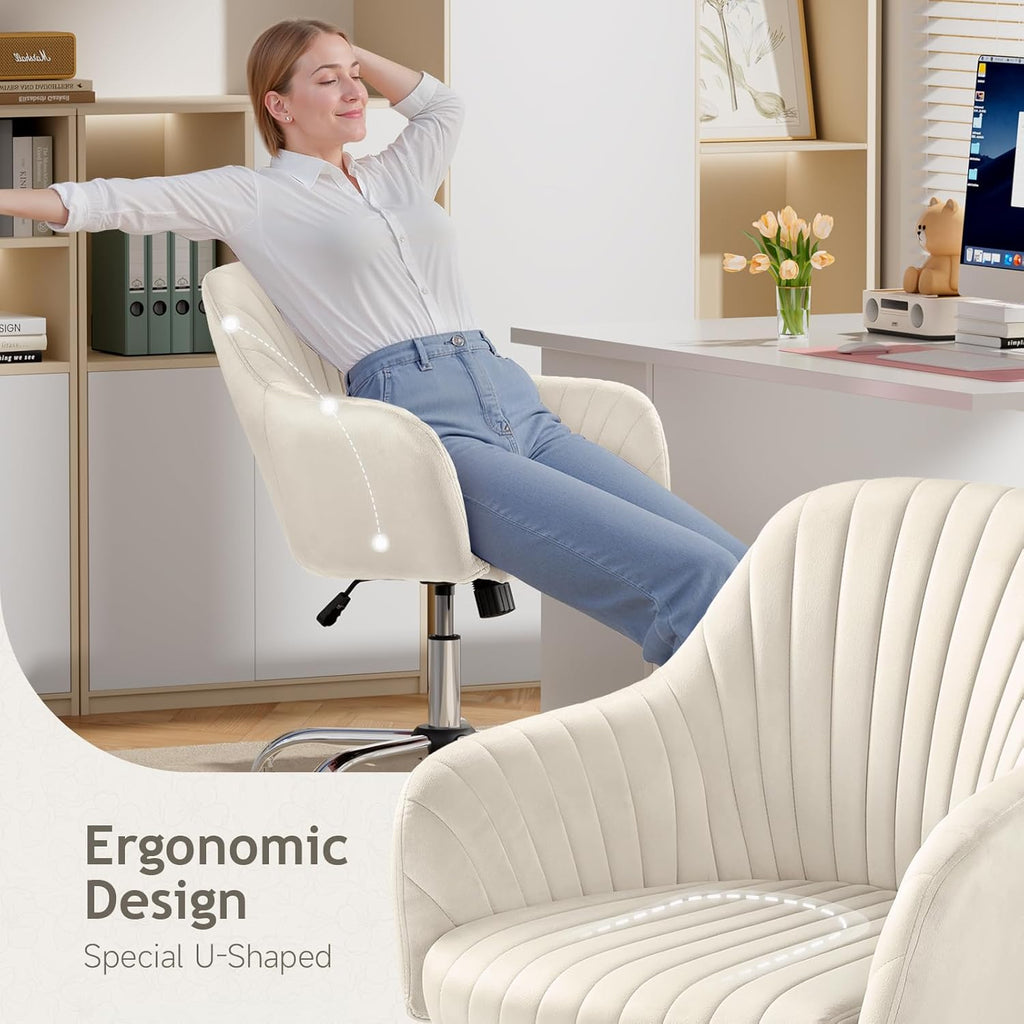 Warmiehomy Office Chair, Velvet Desk Chair for Home Office, Cozy Vanity Chair, Girl Cute Makeup Chair with Arm Rest for Bedroom Dressing Room (Cozy Beige)