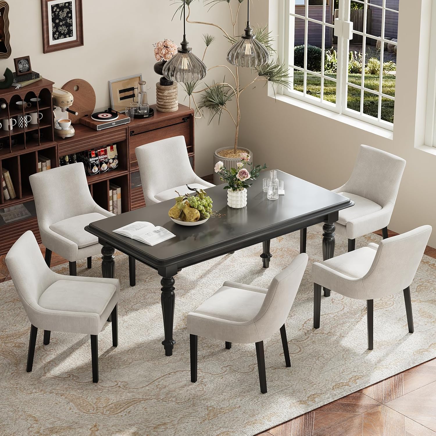 Dining Chairs Set of 4, Upholstered Corduroy Dining Room Chair with Wood Legs, Mid-Back Padded Kitchen Side Chairs for Dining Room, Beige